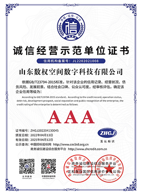 诚信经营示范单位证书